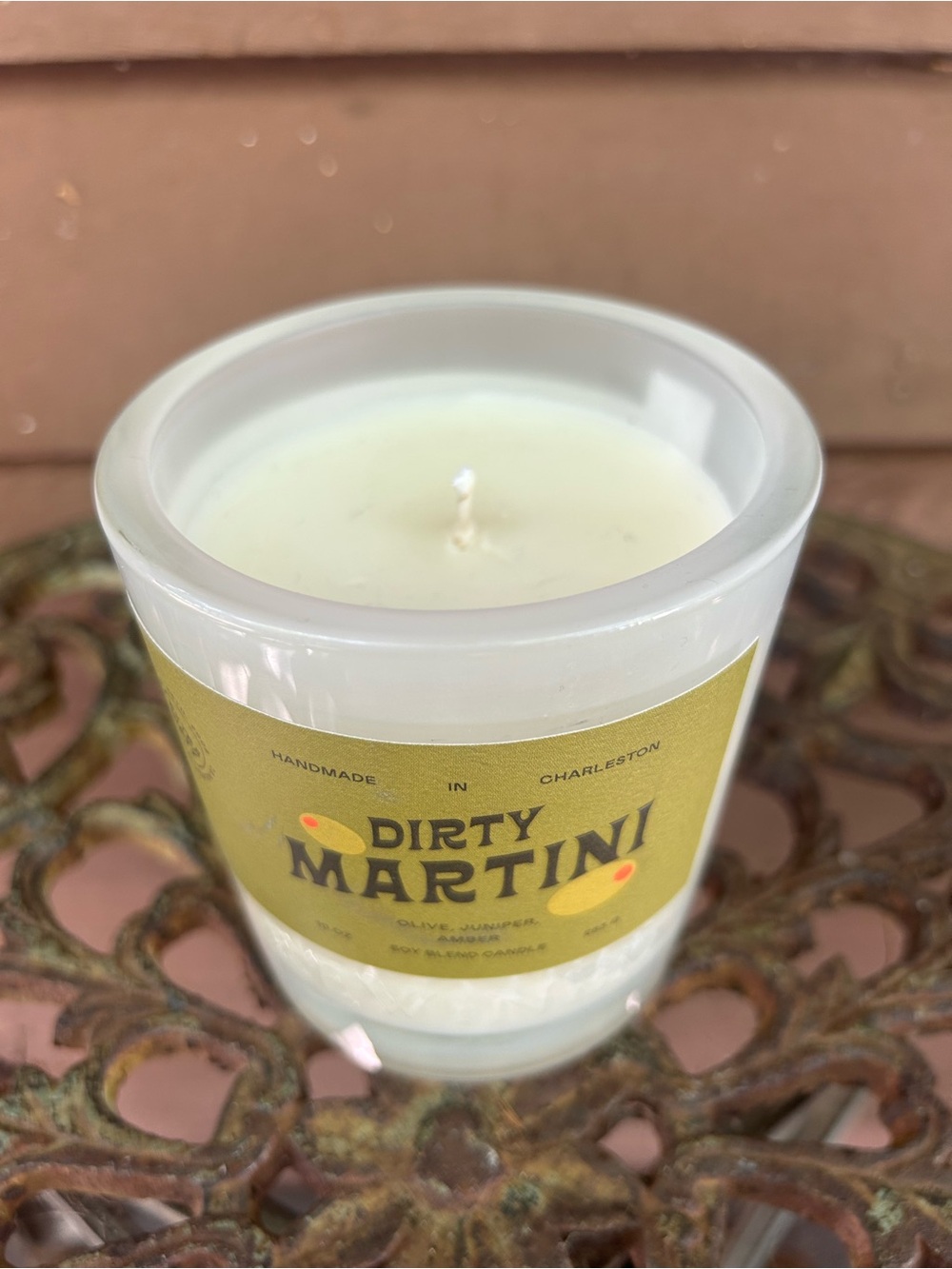 Anthropologie Dirty Martini Scented Candle - Olive Green & White